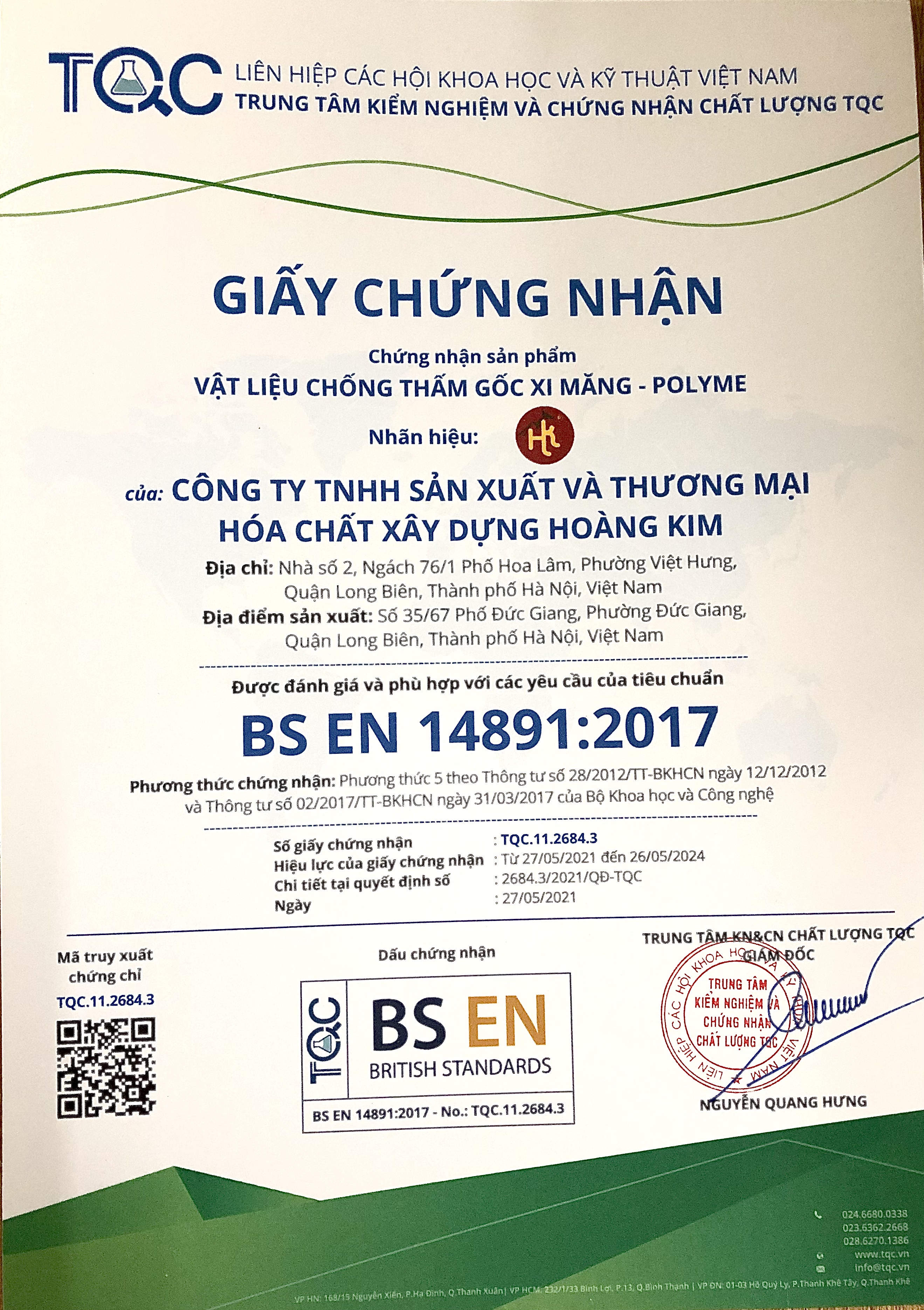 Chứng nhận sản phẩm VẬT LIỆU CHỐNG THẤM GỐC XI MĂNG- POLYME